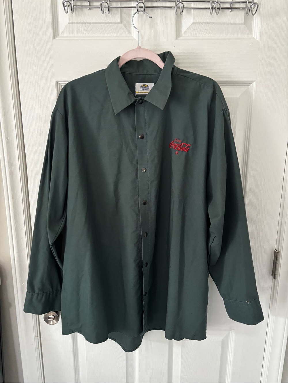 Vintage Coca Cola Dark Green Button-Down Shirt with Red Logo